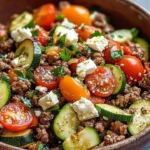 Bowl of Mediterranean Ground Beef Stir Fry with colorful vegetables and seasonings