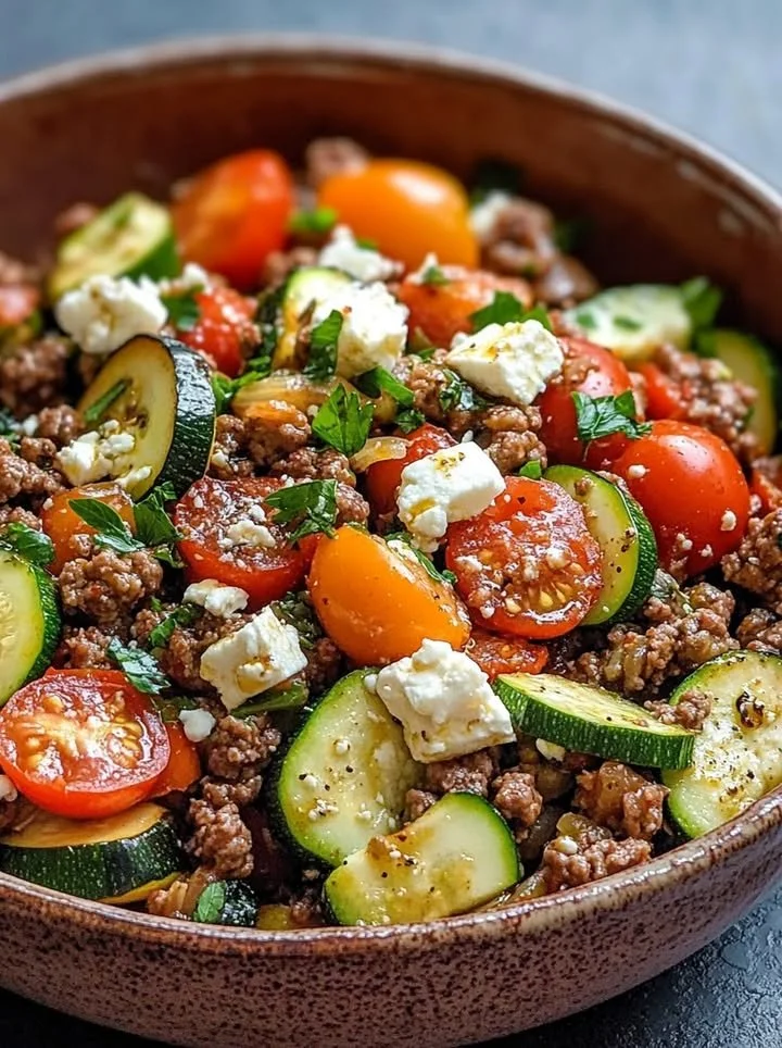 Bowl of Mediterranean Ground Beef Stir Fry with colorful vegetables and seasonings