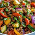 Mediterranean-style ground beef stir fry with colorful vegetables
