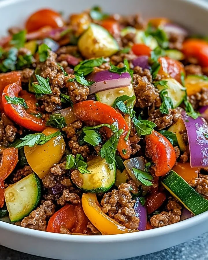 Mediterranean-style ground beef stir fry with colorful vegetables