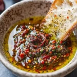 A bowl of Mediterranean olive oil dip served with fresh bread and herbs