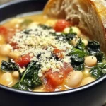 Bowl of Mediterranean white beans and greens salad garnished with herbs