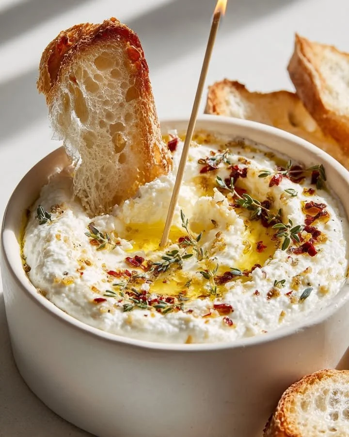 Melting candle ricotta dip with herb-garlic butter, served in a warm bowl