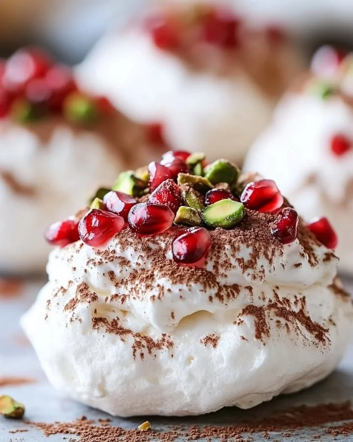 Mini Pavlovas topped with pomegranate seeds and pistachios on a dessert plate