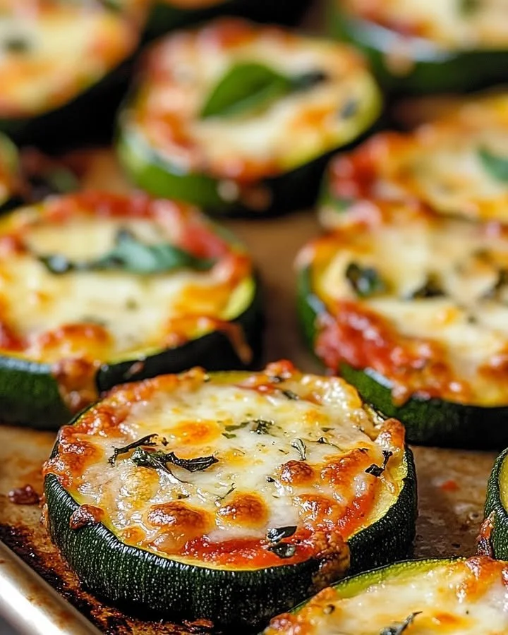 Mini zucchini crust pizzas topped with vegetables and cheese