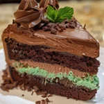 Mint Chocolate Fudge Cheesecake Cake topped with mint and chocolate garnishes