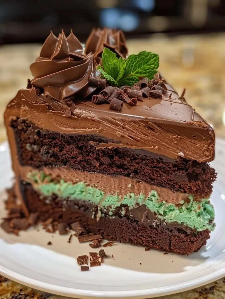 Mint Chocolate Fudge Cheesecake Cake topped with mint and chocolate garnishes