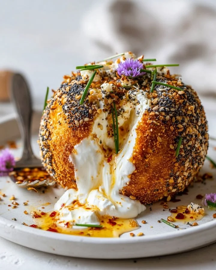 Molten Burrata Sphere with crispy bagel crust, a delicious gourmet treat