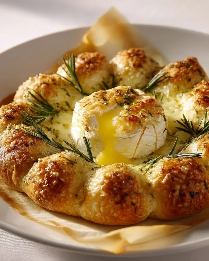 Molten Camembert Focaccia Ring, golden and gooey cheese bread ideal for gatherings.
