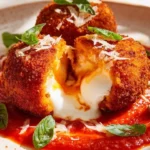 Molten Gold Sweet Potato Croquettes with Burrata Core on a plate