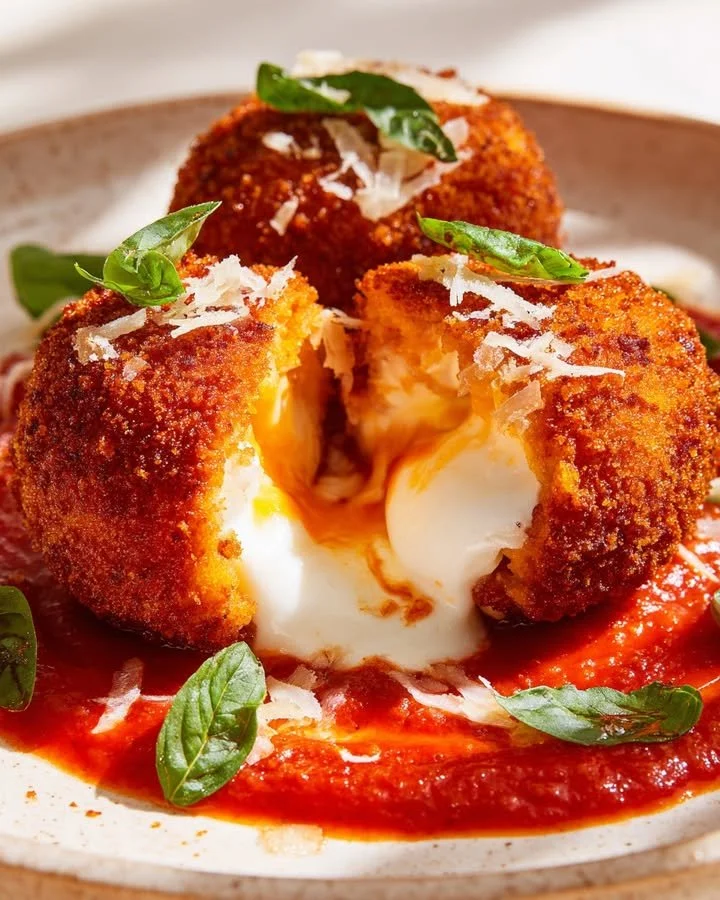 Molten Gold Sweet Potato Croquettes with Burrata Core on a plate