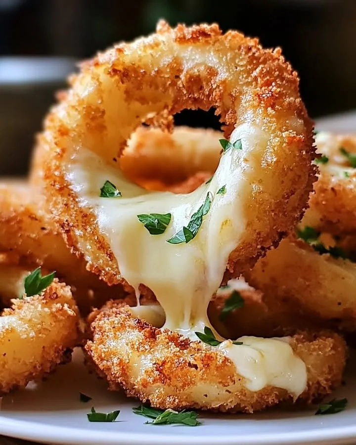 Crispy mozzarella-stuffed onion rings with garlic butter drizzle