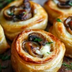 Delicious mushroom and cheese pinwheels appetizer served on a platter.