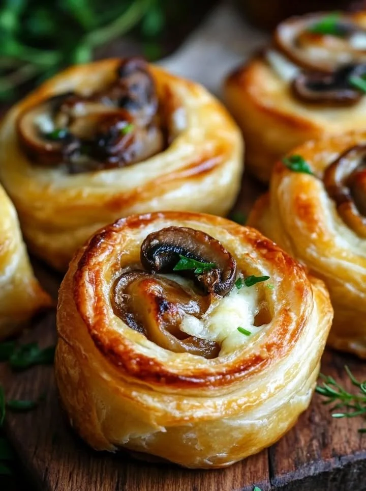 Delicious mushroom and cheese pinwheels appetizer served on a platter.