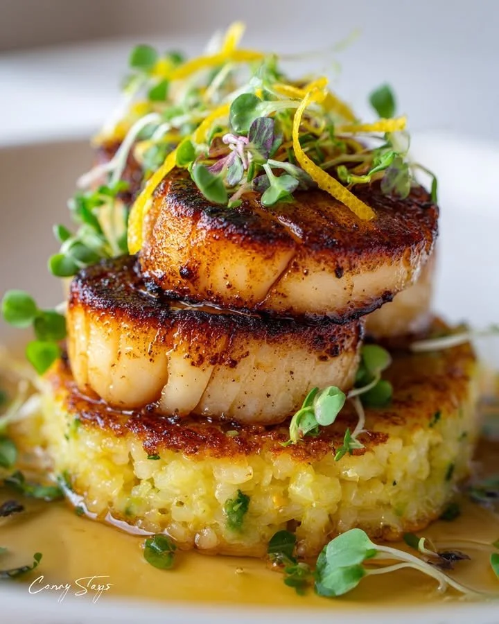 Mushroom scallops plated on saffron risotto cakes, a delicious vegetarian dish.