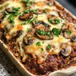 Delicious Mushroom Swiss Cheese Meatloaf garnished and served