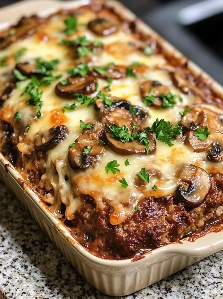 Delicious Mushroom Swiss Cheese Meatloaf garnished and served