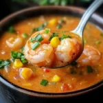 Bowl of New Orleans shrimp and corn bisque garnished with herbs