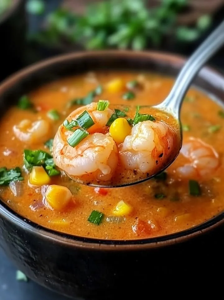 Bowl of New Orleans shrimp and corn bisque garnished with herbs