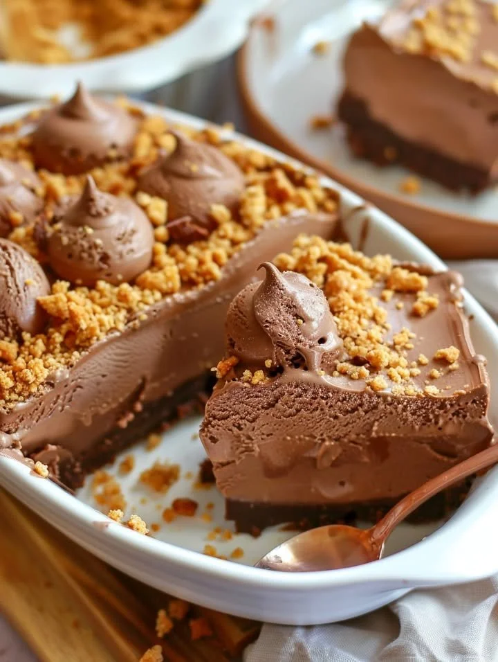 No-bake chocolate cheesecake ice cream served in a bowl with chocolate drizzle.