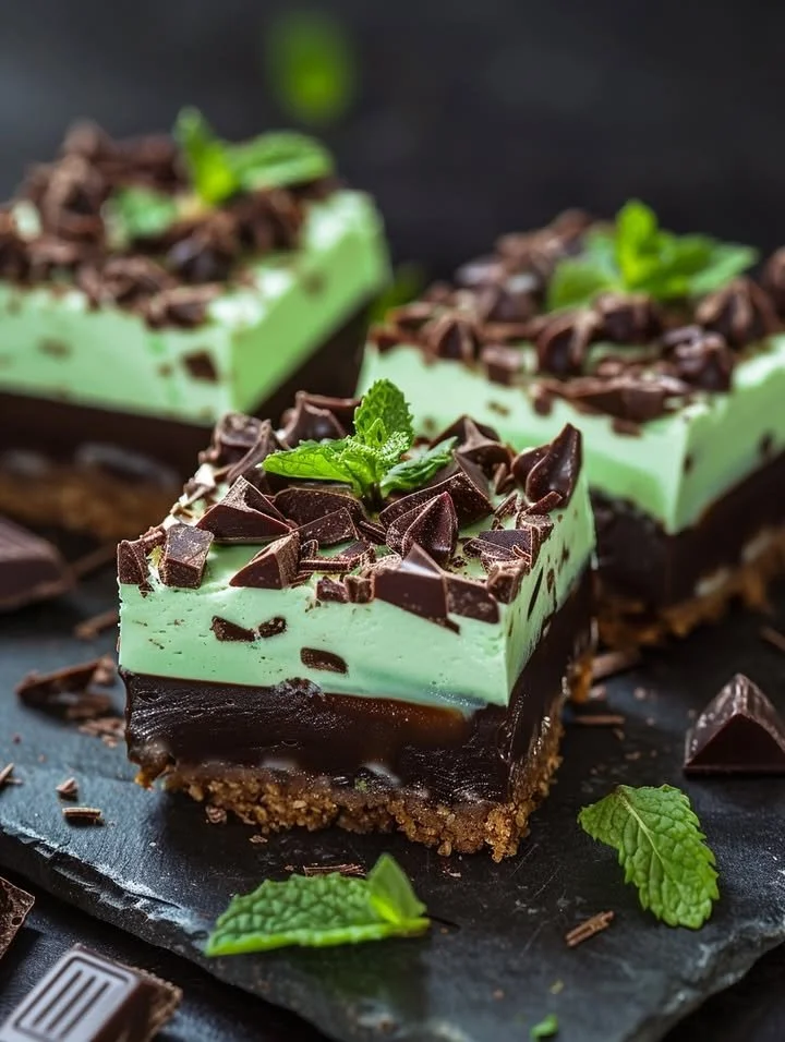 No-bake chocolate mint cheesecake bites with graham cracker crust on a white plate