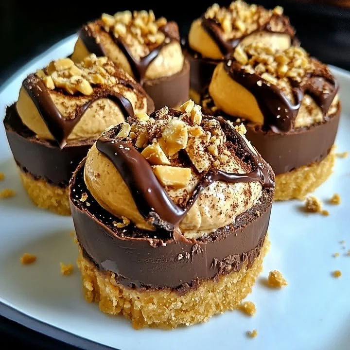 Delicious no-bake chocolate peanut butter cheesecake bites displayed on a plate
