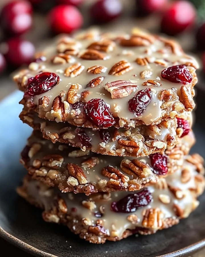 No-bake cranberry pecan praline cookies on a plate.