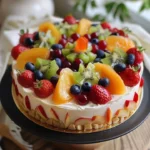 No-Bake Fruit Cheesecake topped with fresh berries on a white plate