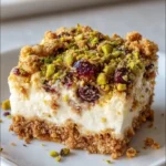 No-bake honey pistachio ricotta bars topped with crushed pistachios
