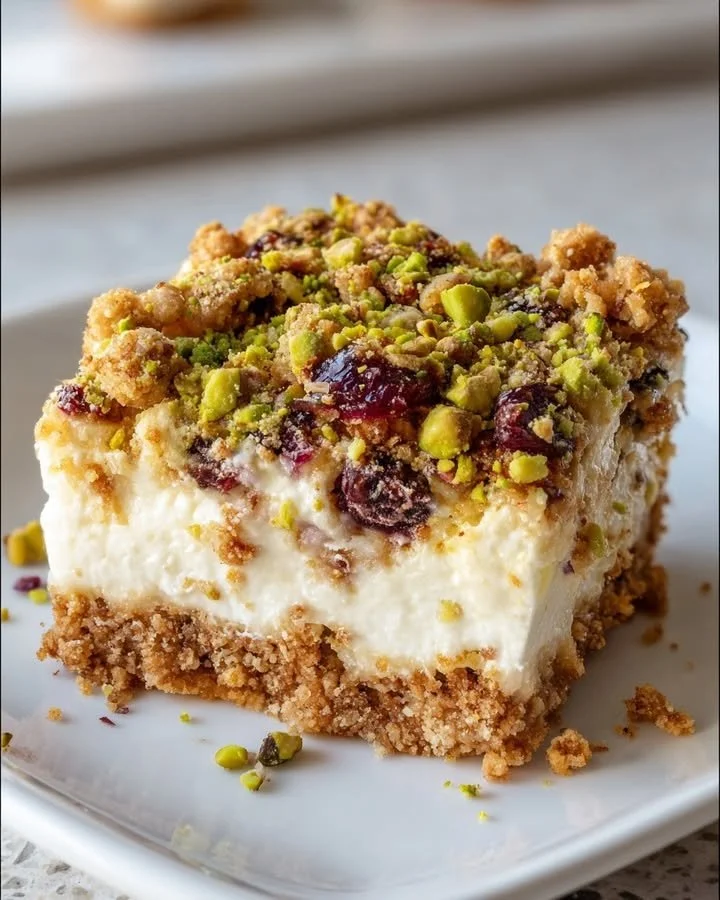 No-bake honey pistachio ricotta bars topped with crushed pistachios