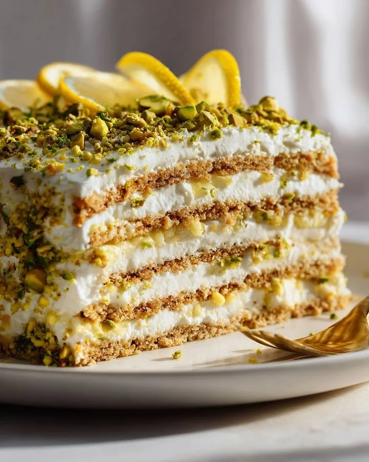 No-bake lemon pistachio icebox dessert with zesty lemon and crunchy pistachios