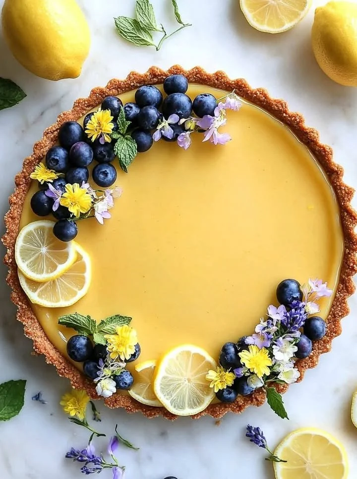 No-Bake Lemon Tart with fresh lemon slices and whipped cream topping