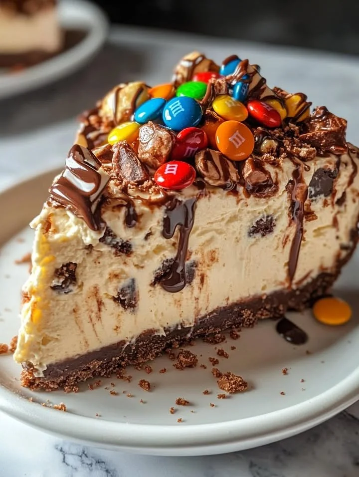 Delicious no-bake M&M Snickers cheesecake topped with colorful candies.