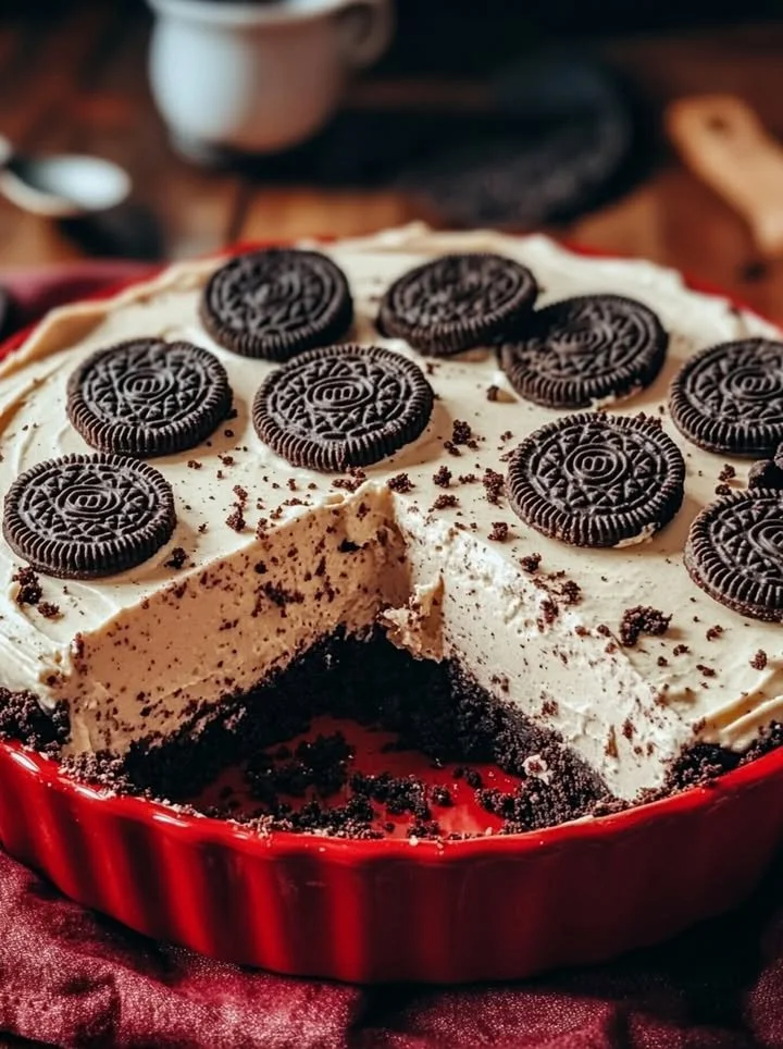 Delicious No-Bake Oreo Mud Pie topped with whipped cream and chocolate
