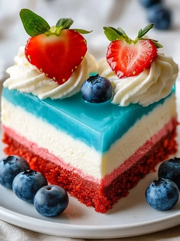 No Bake Patriotic Cheesecake topped with red, white, and blue berries