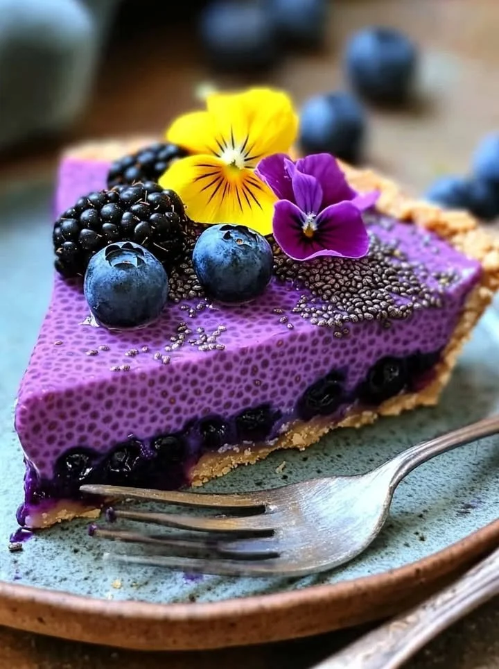 No-bake vegan blueberry chia seed pie topped with fresh blueberries