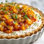 No-bake savory cheesecake tart with peach and thyme salsa on a plate