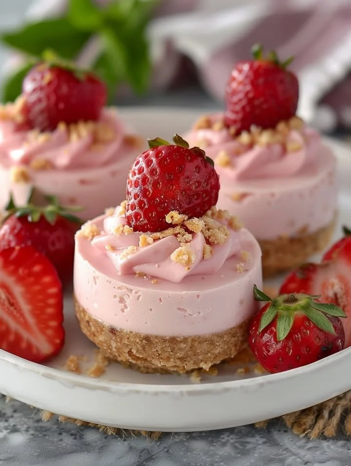 No-Bake Strawberry Banana Cheesecake Bites decorated with fresh strawberries