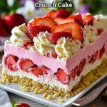 No-bake strawberry crunch cake with layers of strawberries and crunch topping