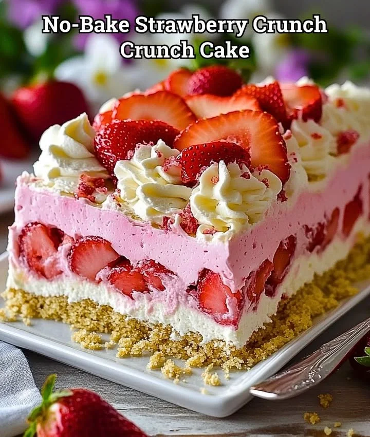 No-bake strawberry crunch cake with layers of strawberries and crunch topping