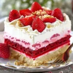 No-bake strawberry jello lasagna dessert with layers of cream and strawberries