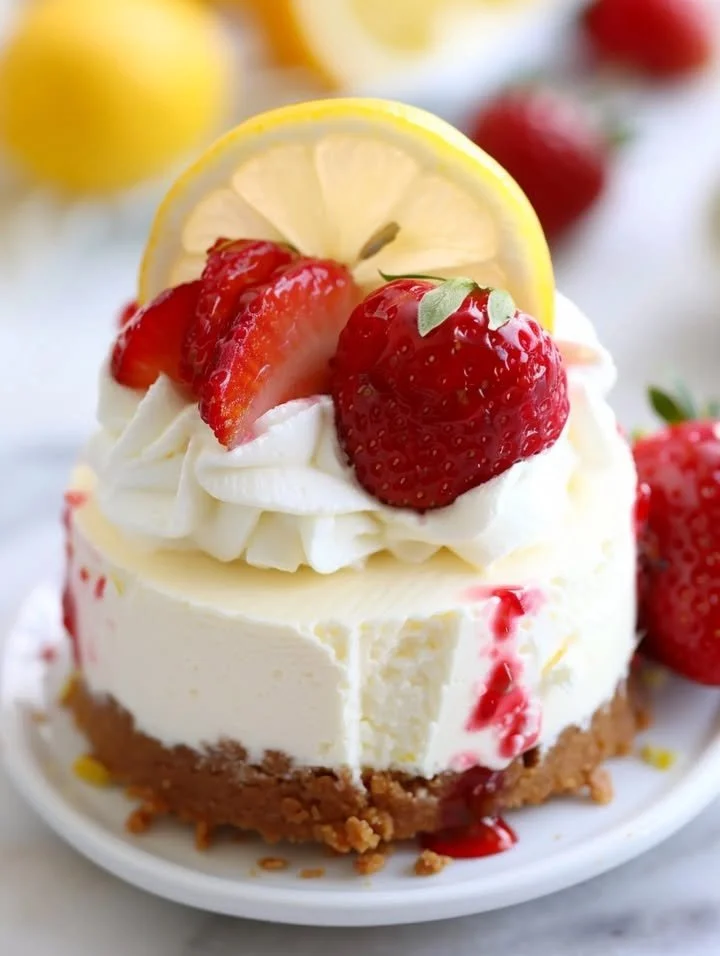 No-Bake Strawberry Lemon Cheesecake with fresh strawberries and lemon zest