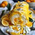 No-Bake Velvet Lemon Cream Roll Cake with lemon slices and whipped cream topping