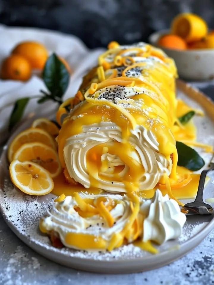 No-Bake Velvet Lemon Cream Roll Cake with lemon slices and whipped cream topping