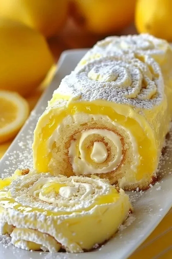 No-Bake Velvet Lemon Cream Roll Cake topped with lemon zest and cream
