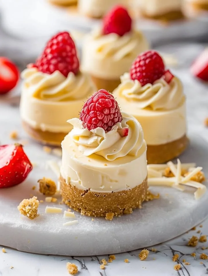 No-bake white chocolate cheesecake bites on a platter with graham cracker crust.