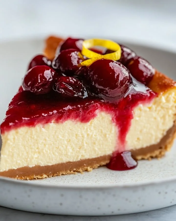 Creamy ricotta cheesecake with a golden crust and fresh berries on top