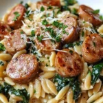 One pan creamy orzo with chicken sausage topped with fresh herbs