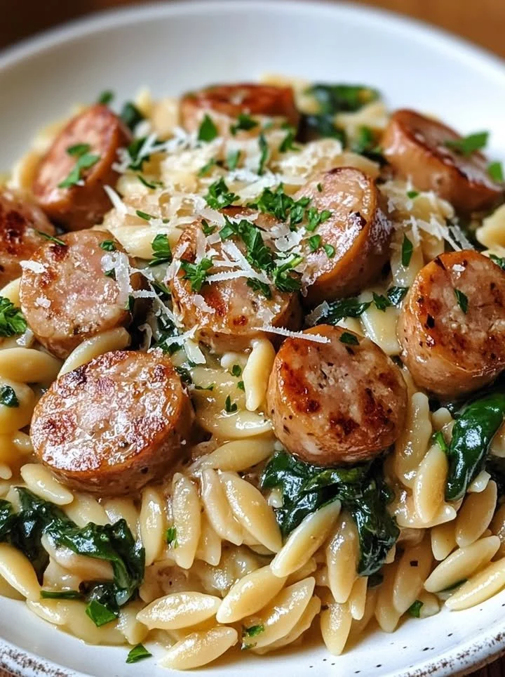 One pan creamy orzo with chicken sausage topped with fresh herbs