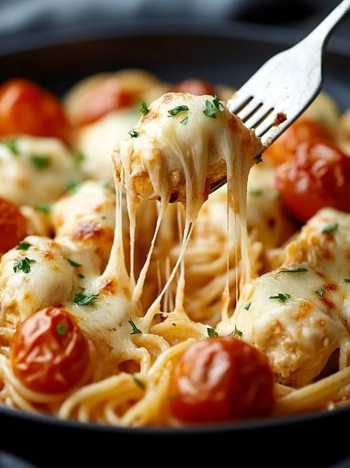 One-pot chicken parmesan pasta in a creamy sauce with chicken and cheese